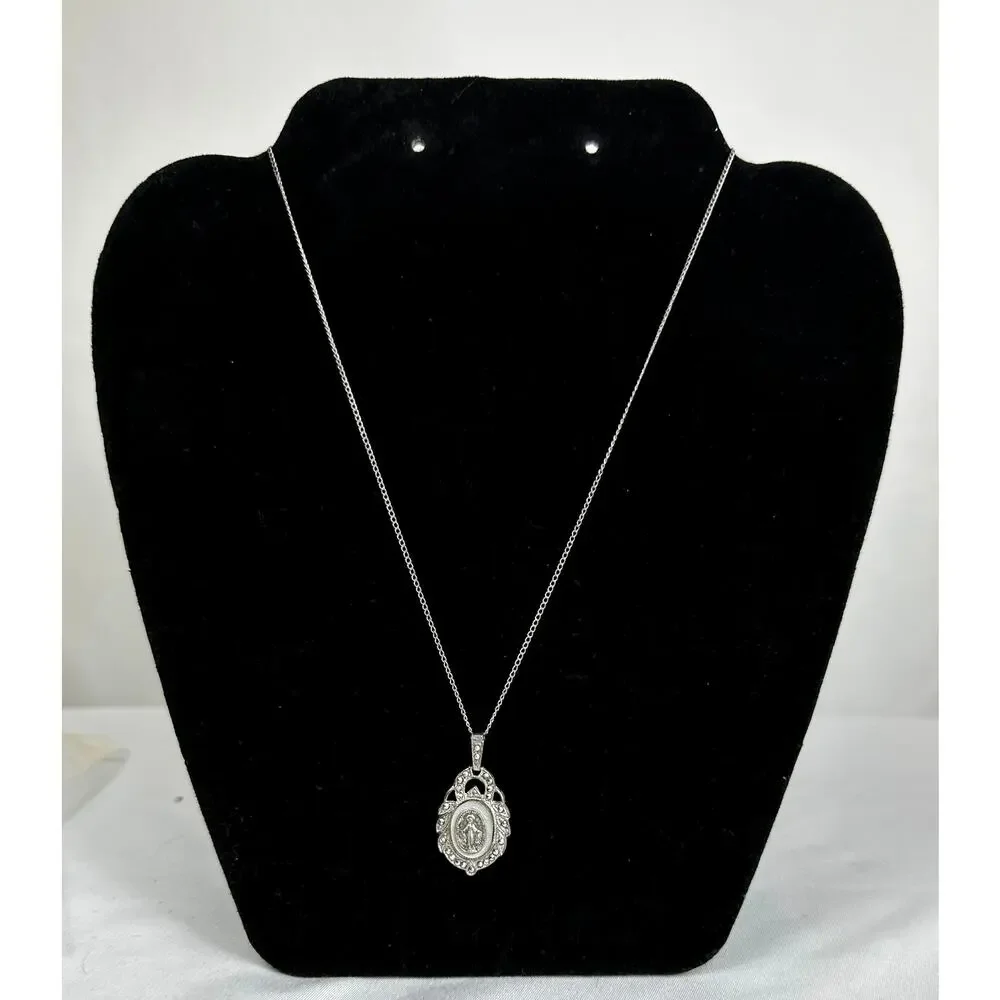Vintage Marvel Sterling Silver Miraculous Medal Necklace Marcasite Pendant 16